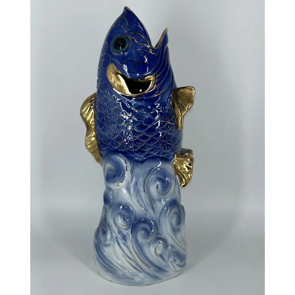 Vintage Large 17.5” Chinese Blue And Gold Porcelain Gurgling Koi Fish Vase